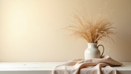 Beige Aesthetic Product Background with Dried Flowers and Fabric – Minimal Backdrop for Branding Photography