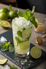 Fototapeta premium Refreshing mojito cocktail with lime and mint on a rustic table