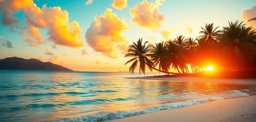 Tropical beach at sunset, turquoise water, palm trees, summer, explore