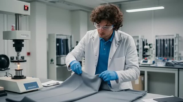 Scientist Examining Textile Quality in a Modern Laboratory with Advanced Equipment