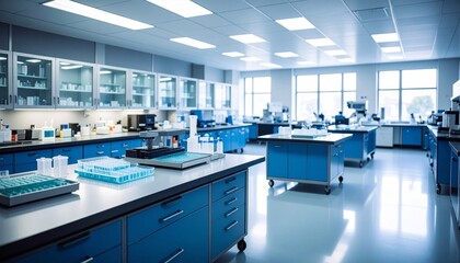 Pristine Scientific Laboratory with Blue Workstations and Gleaming Reflective Floors