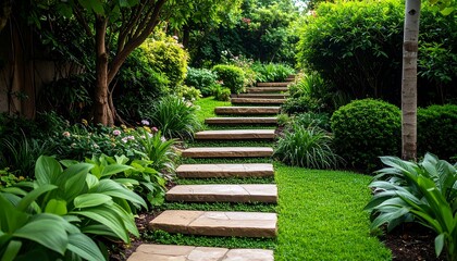 Obraz premium A garden staircase with lush landscaping