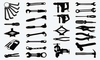 Diverse Mechanic Tools Vector Silhouette Bundle.