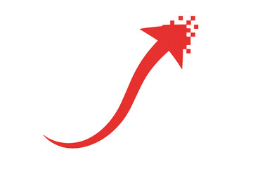Upward red arrow pixelating against transparent backdrop, symbolizing digital transformation, technological advancement, growth trajectory