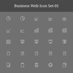Collection of simple white business and finance line icons on a dark gray background part-1