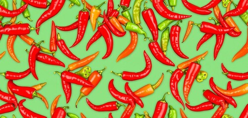Vibrant cayenne peppers seamlessly repeating in a spicy red and green pattern,  seamless texture,  textile