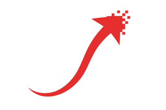 Upward red arrow pixelating against transparent backdrop, symbolizing digital transformation, technological advancement, growth trajectory - Powered by Adobe