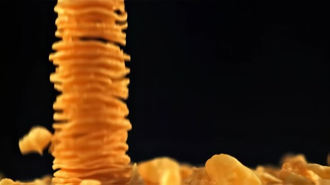chips stacked and falling black background