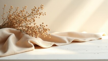 Beige Aesthetic Product Background with Dried Flowers and Fabric – Minimal Backdrop for Branding Photography