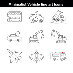 Set of black silhouette transportation vector icons including car, truck, bus, train, airplane, ship, and construction vehicles