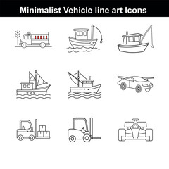 A vector illustration set of diverse transportation symbols featuring autos, boats, planes, and road vehicles for travel and delivery business