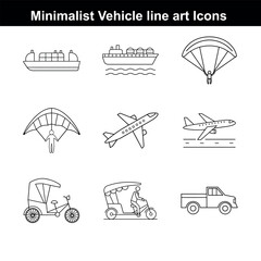 Transportation icons set featuring cars trucks trains buses planes ships and helicopters in vector style