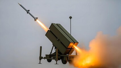 Missile Launch from Surface-to-Air Defense System on Overcast Sky