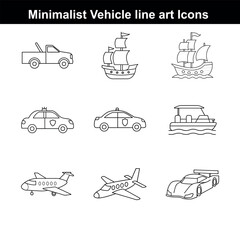 Transportation icon set with cars trucks buses trains airplanes ships and helicopters vector illustrations