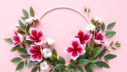 Pastel pink background, round frame of alstroemeria, cotton, green leaves, floral design, round
