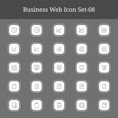 Collection of simple white business and finance line icons on a dark gray background part-08