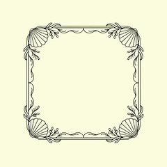 Vintage Coquette Doodle Frame with Hand-Drawn Seashells and Floral Borders in Square Layout for Elegant Graphic Design Projects, Vector modern illustration