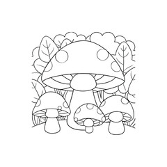 Vector art of group of mushrooms with spotted caps in a forest setting