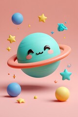 Fototapeta premium Adorable Teal Planet with Happy Face Surrounded by Stars and Colorful Spheres in a Whimsical Cosmic Scene