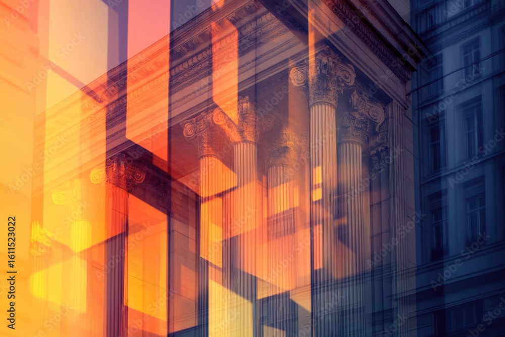 Poster a double exposure image showing a classical building reflected in a modern glass structure, symboliz