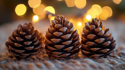 Three pine cones with fairy lights on the background, creating a warm and festive ambiance. - Powered by Adobe