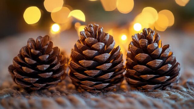 Three pine cones with fairy lights on the background, creating a warm and festive ambiance.