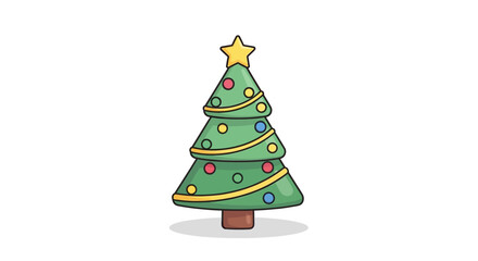 A cartoon Christmas tree decorated with ornaments, a star, and a trunk.