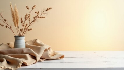 Beige Aesthetic Product Background with Dried Flowers and Fabric – Minimal Backdrop for Branding Photography