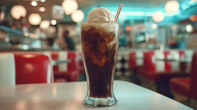 Tall glass of root beer float with vanilla ice cream classic American diner in the background