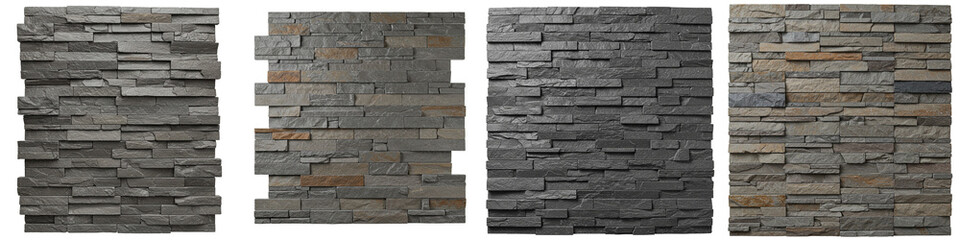 A set of stone wall textures in various shades and patterns for use in design, isolated on a transparent background