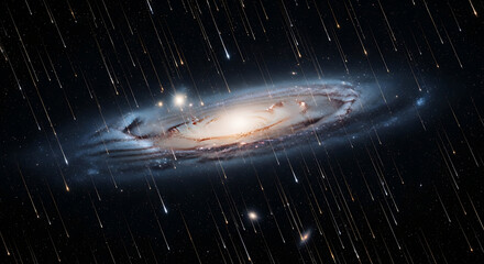 A spectacular meteor shower rains down in front of the majestic Andromeda spiral galaxy in deep space.
