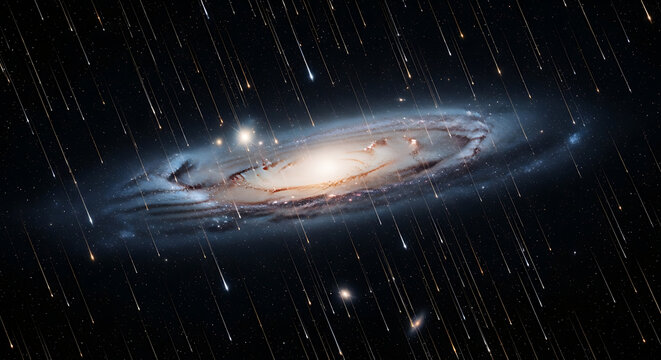 A spectacular meteor shower rains down in front of the majestic Andromeda spiral galaxy in deep space.