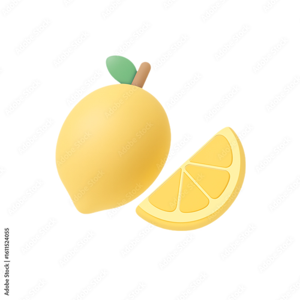 Poster stylized 3d lemon and slice isolated on transparent background