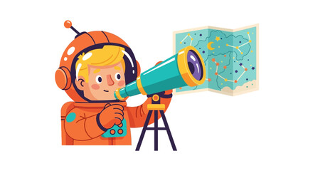 A child astronaut uses a telescope to explore a celestial map.