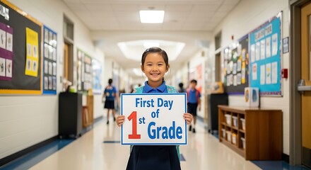 Girl smiling holding first day of first grade sign in school hallway with other students visible