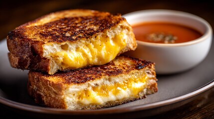 Texas toast grilled cheese sandwich oozing with melted American cheese served with tomato soup