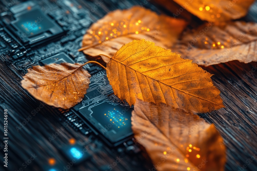 Poster autumn leaves rest on a circuit board, symbolizing the intersection of nature and technology.
