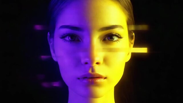Abstract Portrait Dual-Colored Face, Neon Light, Futuristic Art