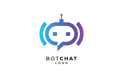 Minimal robot head inside a blue circle, featuring a speech bubble element. Chatbot logo concept for virtual assistant or customer support. Minimal vector design of a cute support bot