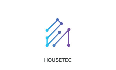 Minimal house logo with network connection elements. Smart home technology logo , Digital home logo