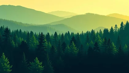 Gordijnen Abstract flat design of a green forest silhouette against a nature landscape background,  backdrop,  illustration © Pimchada