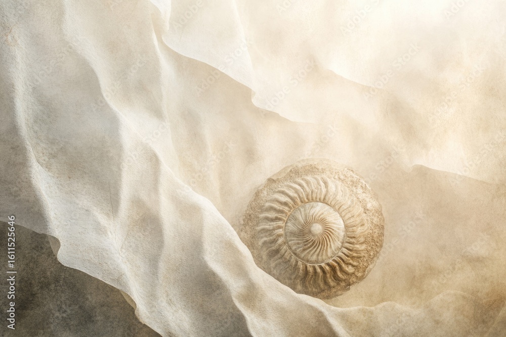 Poster a fossilized ammonite rests on delicate, flowing fabric, creating a serene and contemplative image.