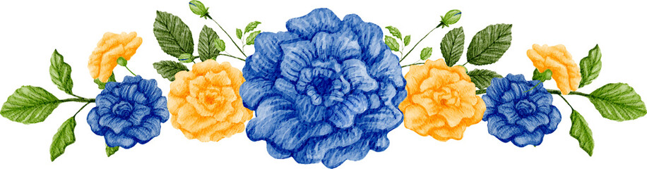 Blue and Yellow floral border watercolor illustration 