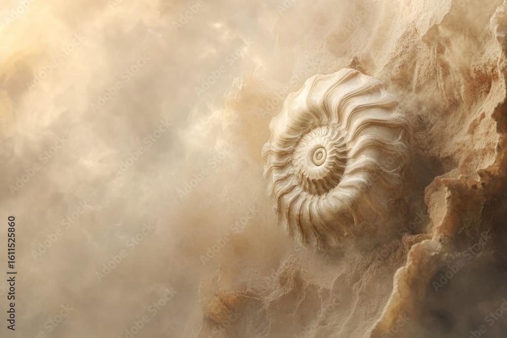 Poster ancient ammonite fossil embedded in rock, a testament to deep time and paleontological history.