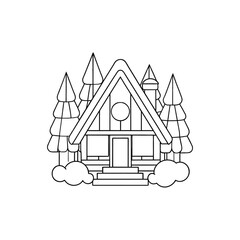Vector art of a cozy cabin nestled in a snowy forest setting