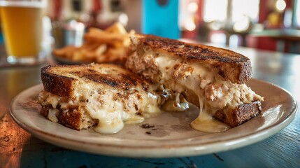 Tuna melt sandwich with bubbling cheese on grilled rye bread casual diner table