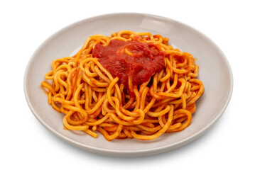 Tagliolini spaghetti pasta with tomato sauce in white plate isolated