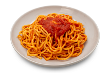 Tagliolini spaghetti pasta with tomato sauce in white plate isolated