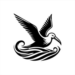 Fototapeta premium Stylized black and white bird flying over waves