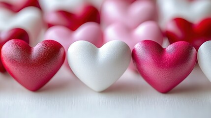 Obraz premium Hearts in White, Red, Pink Scattered on Table for Valentine's Day Design and Decoration Background 